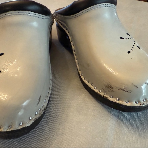 White Leather Clogs with Black Trim - Picture 2 of 3